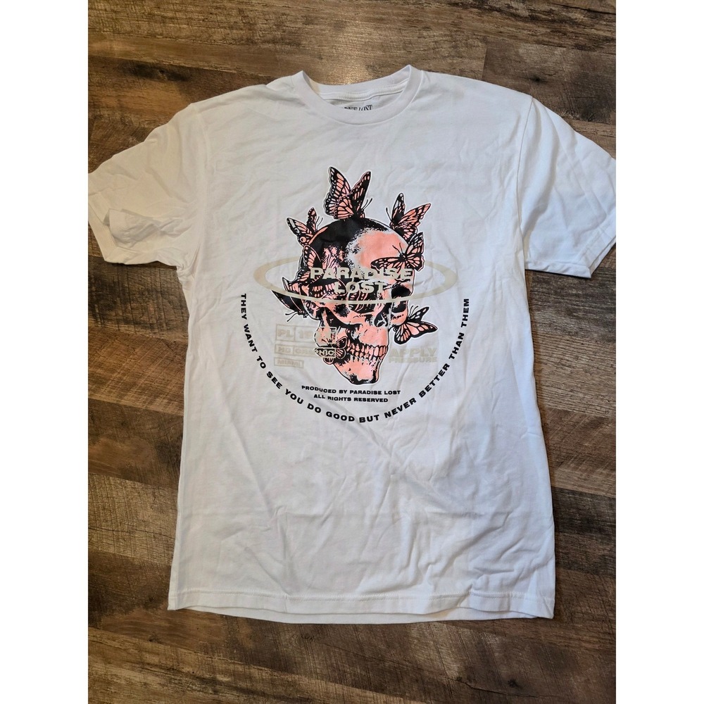 Paradise Lost Miami Skull Butterfly Graphic T-Shirt Mens Medium White Streetwear